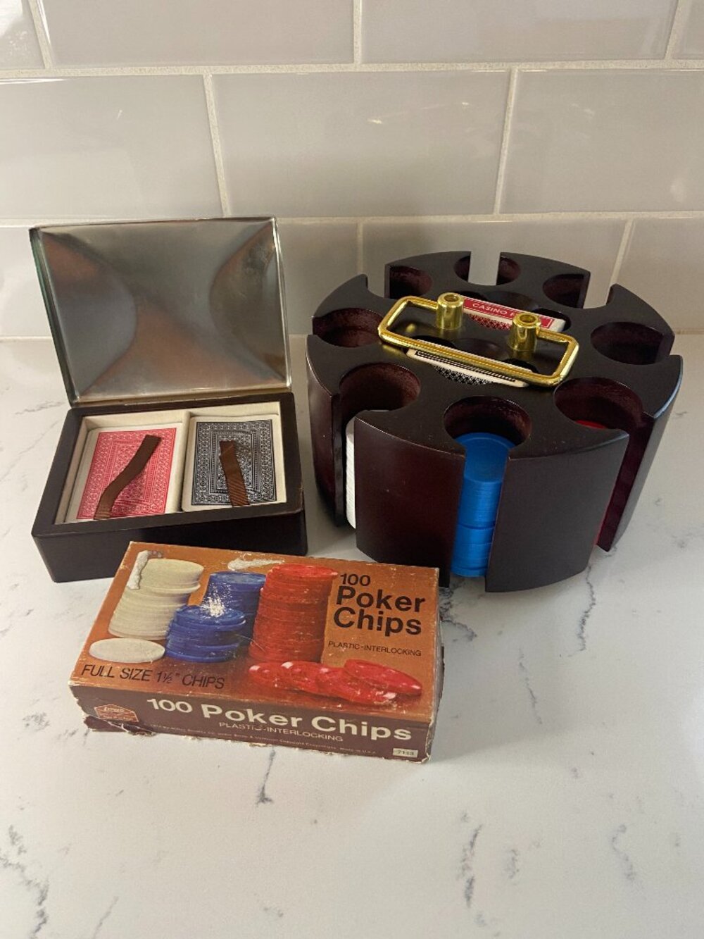 Vintage Poker Set Bundle Wood Carousel Chip Holder Bombay Company Playing Cards